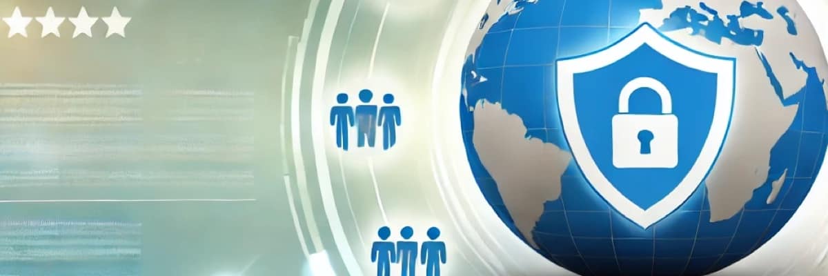 Illustration numérique représentant la gestion de la réputation en ligne, avec une planète entourée d'icônes symbolisant les réseaux sociaux, les avis clients, un bouclier et une loupe pour illustrer la surveillance et la protection sur Internet.