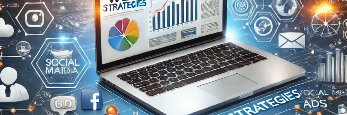 Illustration du marketing web avec des icônes de réseaux sociaux, des outils d'analyse et des campagnes publicitaires numériques.