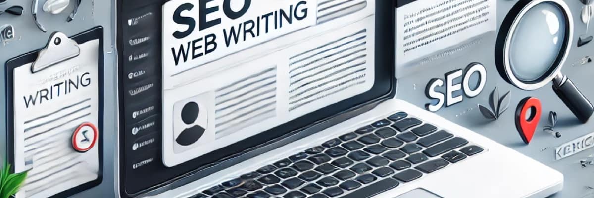 Illustration numérique représentant la rédaction web et le SEO, avec un ordinateur affichant une page web, des mots-clés, et des icônes de création de contenu comme un crayon et une loupe sur des mots-clés.