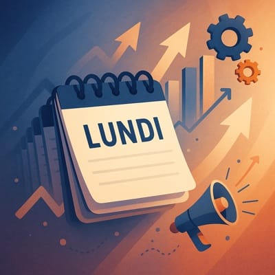 une action marketing lundi, avec une page de calendrier marquant le lundi et les jours suivants se structurant comme une stratégie marketing visuelle.