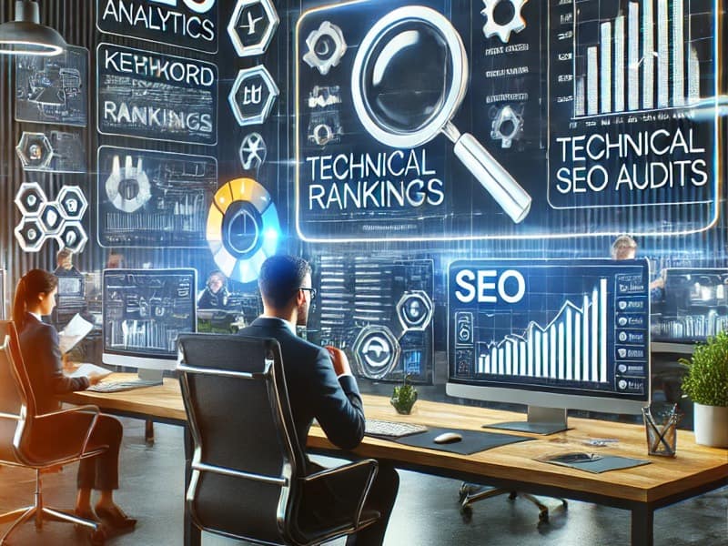 Interface de la solution SEO SE Ranking avec modules d’audit, suivi de positionnement, génération de leads, et rapports personnalisés pour agences.