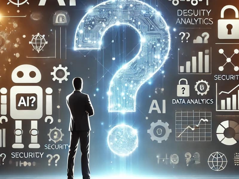 Illustration montrant l’intégration de l’intelligence artificielle dans une entreprise : production, cybersécurité, marketing et automatisation des processus.